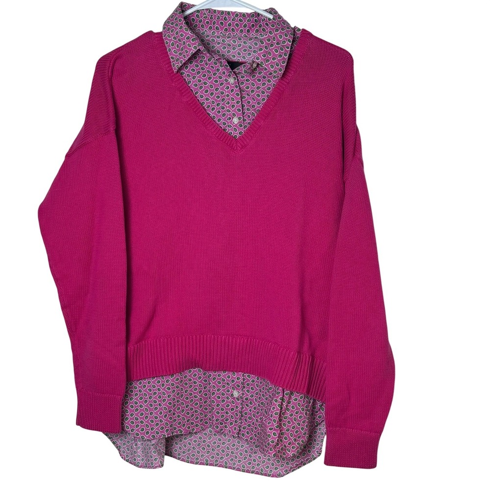Lauren Ralph Lauren Twofer Pink V-Neck Knit Sweater Floral Button Down‎ Shirt L